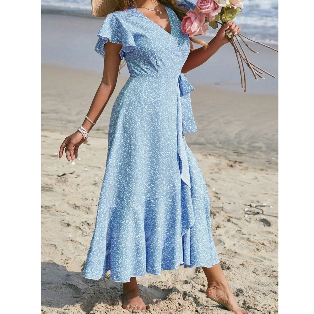 Boho Light Blue Floral Dress  V neck Ruffle Hem Ankle Length, A Line Wrap Style - Picture 5 of 8